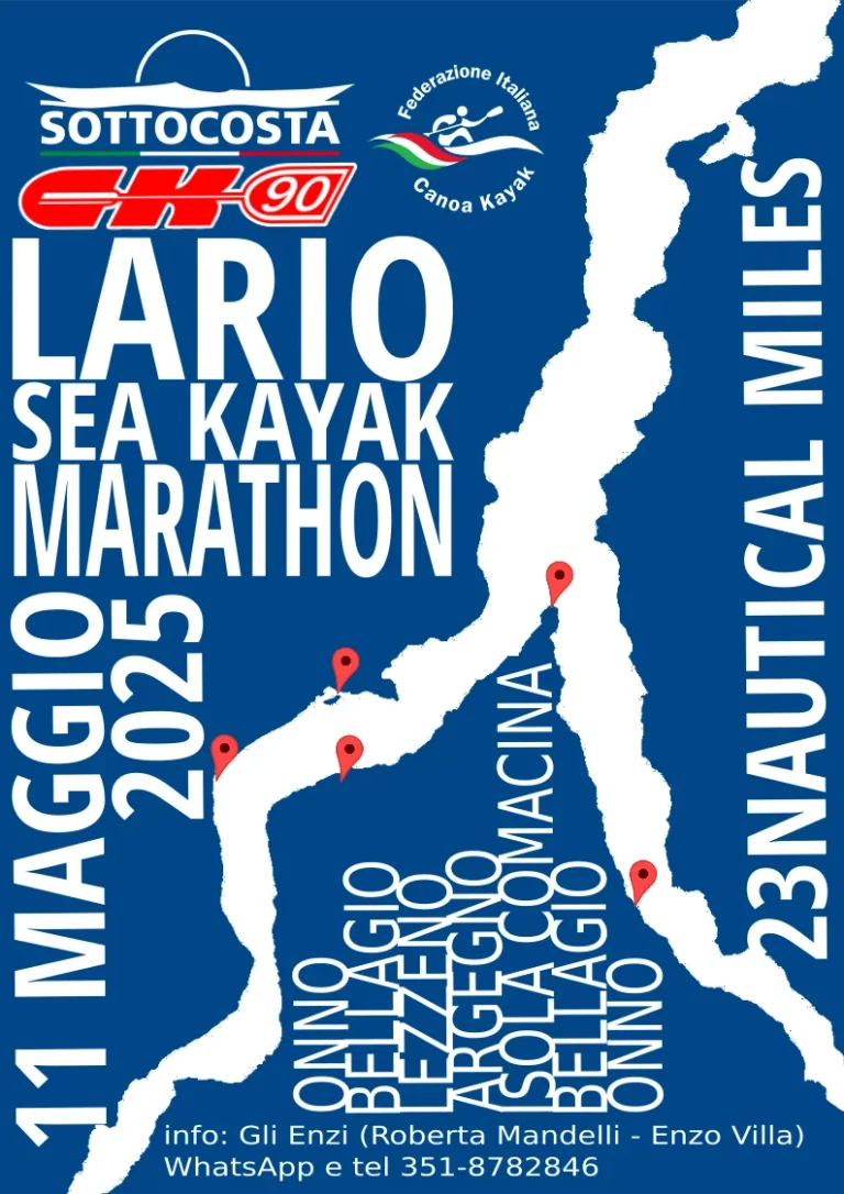 News 22A Edizione, Lario Marathon 2025, Onno, 11 Maggio: locandina della Lario Sea Kayak Marathon 2025 con la mappa del percorso