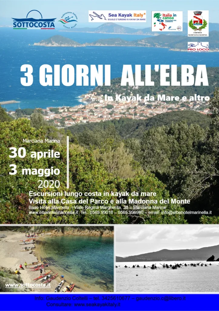 RINVIATO al 8-9-10-11 ottobre, 3 Giorni all’Elba in kayak da mare e altro 1-2-3 MAGGIO 2020: locandina dell’evento