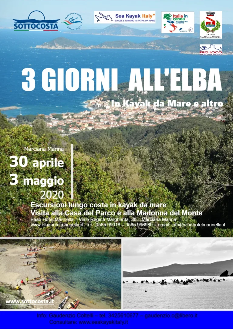 News RINVIATO al 8-9-10-11 ottobre, 3 Giorni all’Elba in kayak da mare e altro 1-2-3 MAGGIO 2020: locandina dell’evento