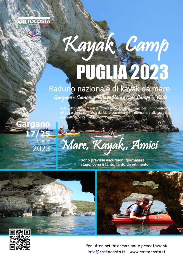 News Camp Sottocosta 2023, Puglia 17-25 Giugno 2023: locandina del Kayak Camp Puglia 2023