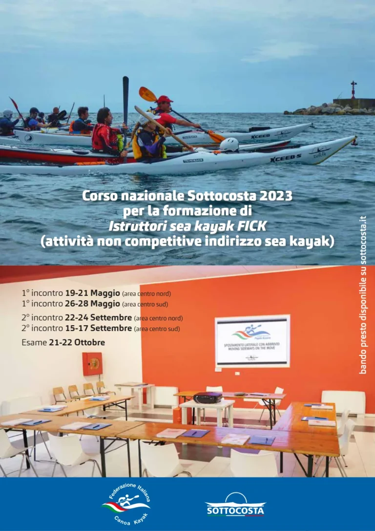 News Corso nazionale Sottocosta 2023 per la formazione di Istruttori sea kayak FICK (attività non competitive indirizzo sea kayak): locandina dell’evento