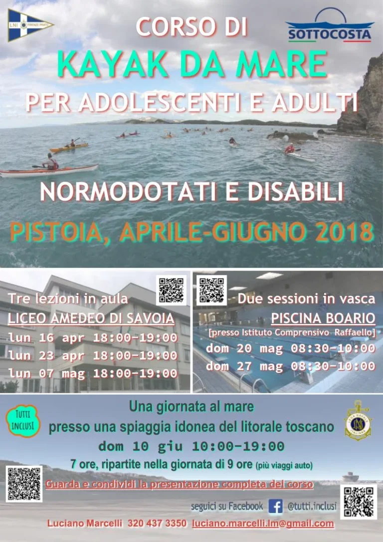 News Corso kayak da mare Pistoia normodotati e disabili: locandina del corso di kayak da mare a Pistoia per normodotati e disabili