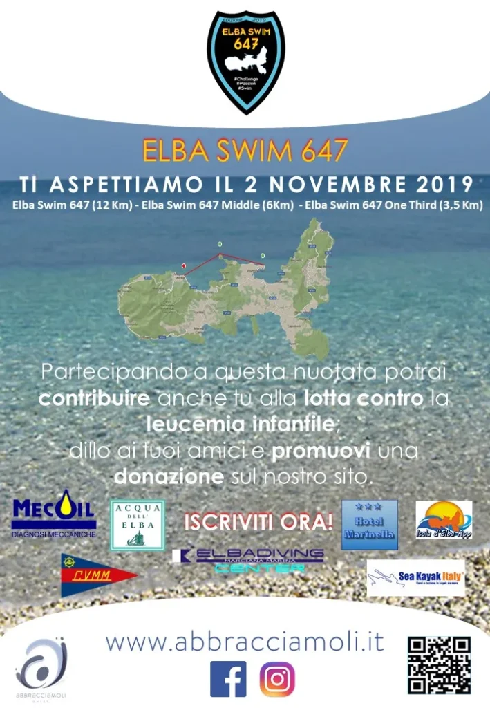 ELBA SWIM 647, 2 novembre 2019: locandina dell'Elba Swim 647 con la mappa dell'isola