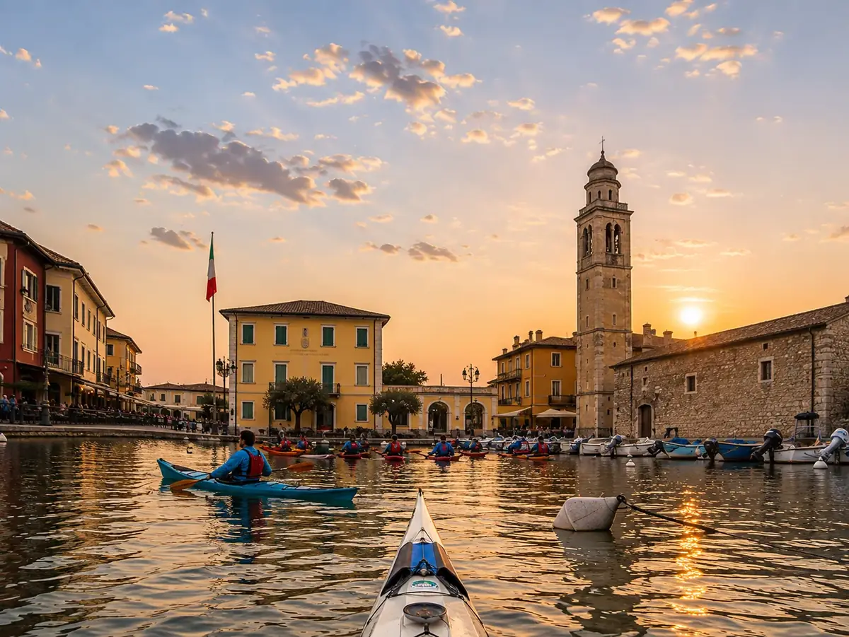 Formazione e certificazioni di kayak da mare: kayak davanti al borgo sul lago al tramonto
