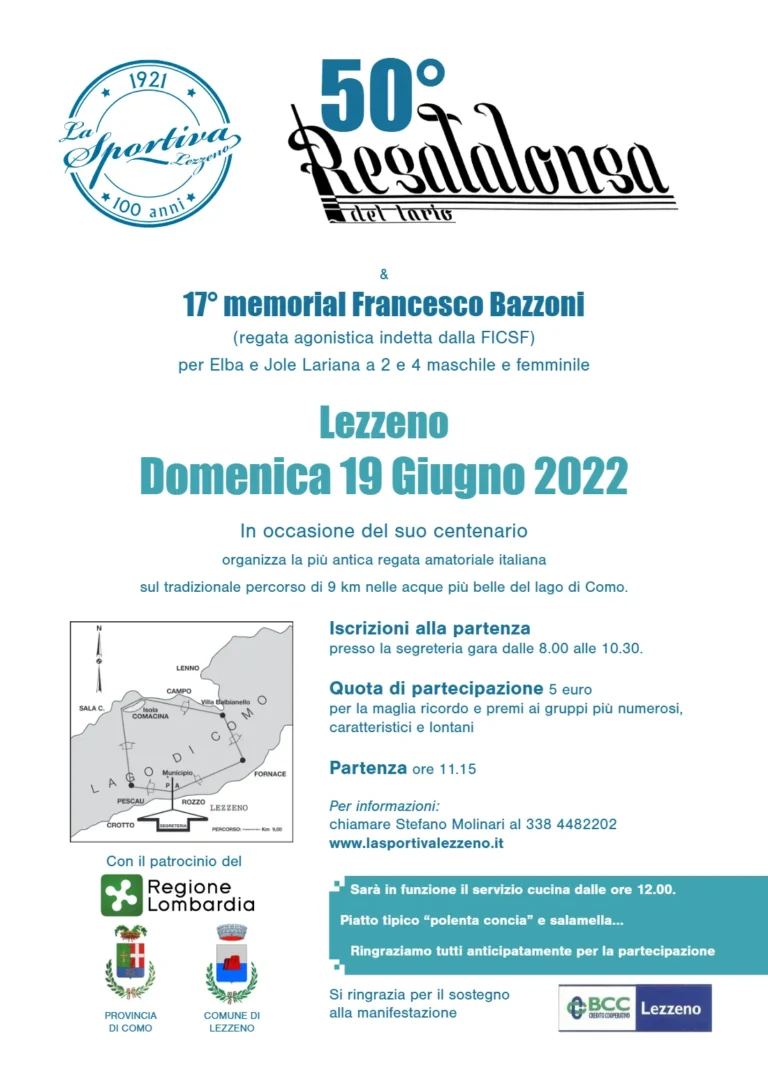 News 50a Regatalonga del Lario, Lezzeno Domenica 19 Giugno 2022: locandina dell’evento