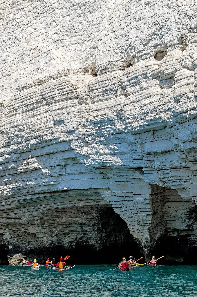 Pianificare una navigazione in kayak rispettando la costa: un gruppo di kayak da mare piccolissimo ai piedi di un’alta falesia bianca