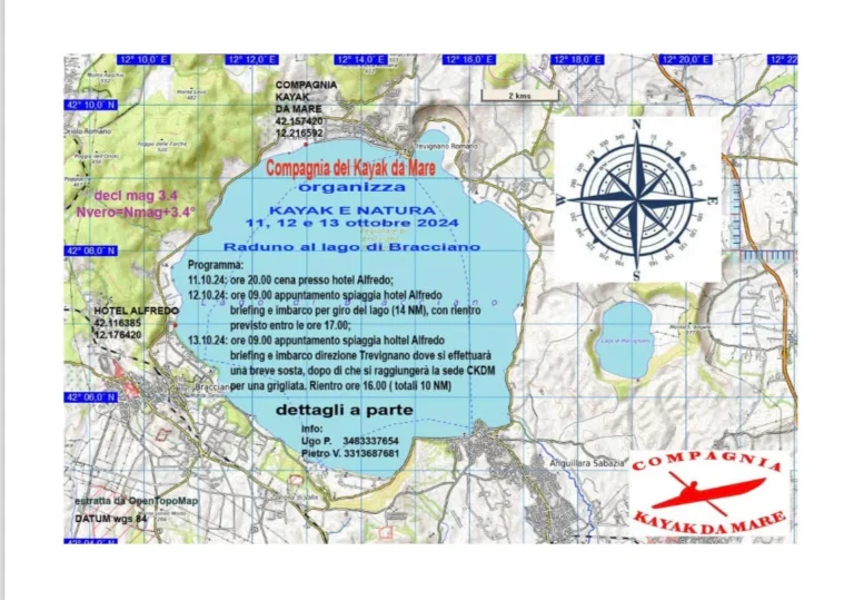 News Nuova edizione dell’incontro Kayak e Natura, 11, 12 e 13 ottobre 2024 Lago di Bracciano: programma di Kayak e natura 2024 con la mappa del lago di Bracciano
