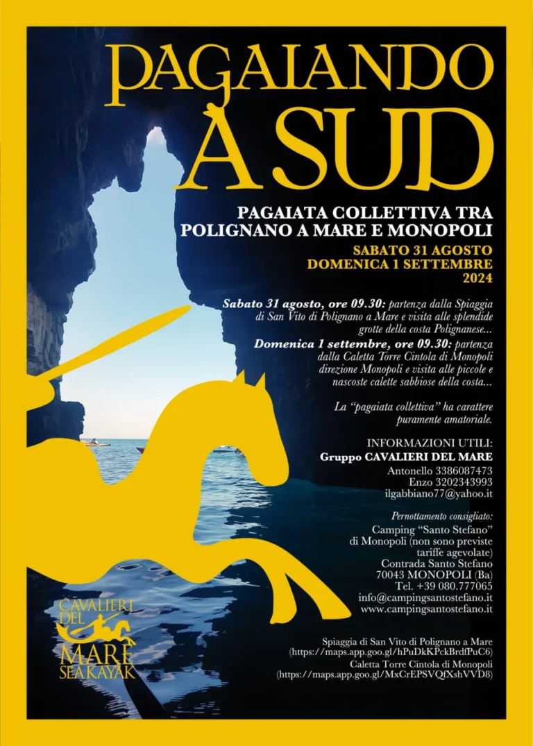 News Pagaiando a Sud, 31 agosto/1 settembre 2024: locandina di Pagaiando a Sud 2024 tra Polignano a Mare e Monopoli