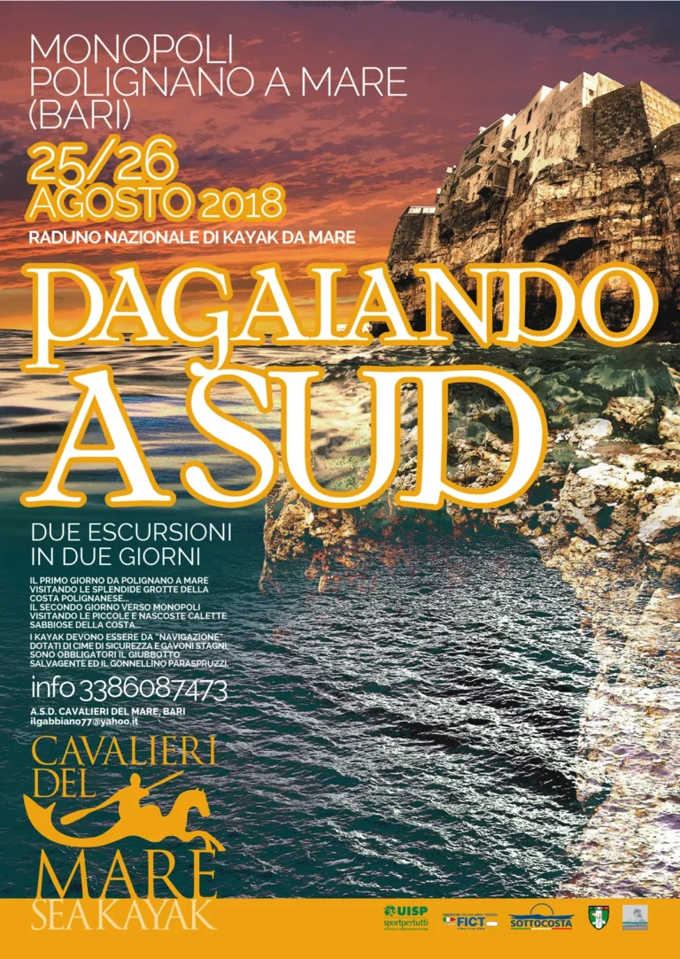 News Pagaiando a Sud: locandina di Pagaiando a Sud 2018 tra Polignano e Monopoli