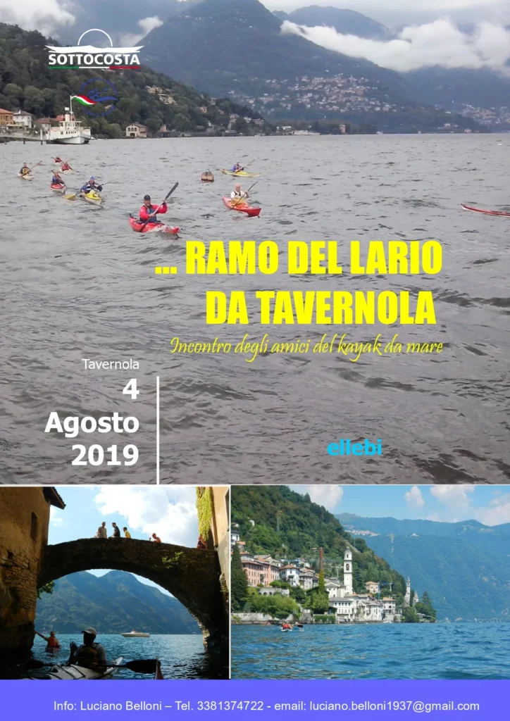 Quel ramo del lago di Como che non volge a mezzogiorno, 4 Agosto: locandina dell'edizione 2019 con i kayak sul lago