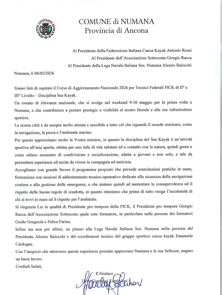 News Ringraziamenti Sindaco di Numana (AN): lettera di ringraziamento del sindaco di Numana