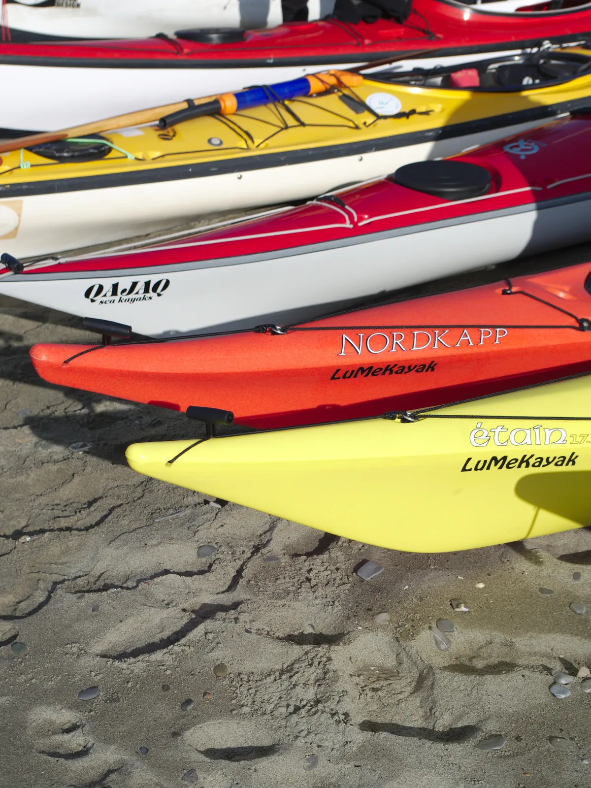 Scegliere un kayak da mare usato: prue di modelli diversi sulla spiaggia, con lifeline e agganci da controllare prima dell’acquisto