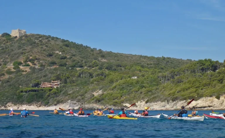 Sottocosta Camp Argentario 2021 – 11–9 Settembre – testo di ellebi Sottocosta Camp Argentario 2021, 11-9 Settembre, testo di ellebi: fila di kayak lungo la costa del promontorio
