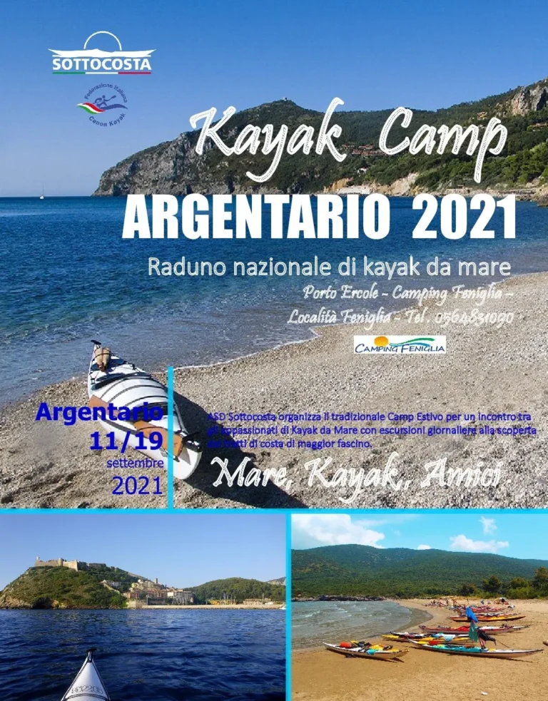 News Sottocosta Camp Argentario 2021, 11-9 Settembre, testo di ellebi: locandina del Kayak Camp Argentario 2021