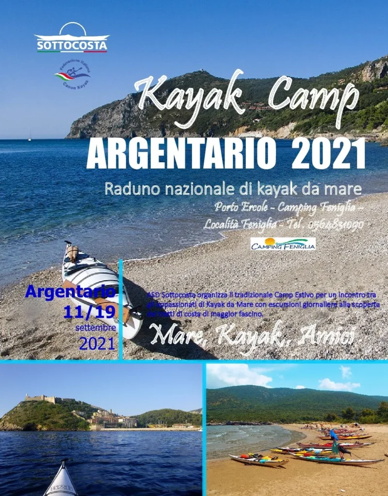 Sottocosta Camp Argentario 2021, 11-9 Settembre, testo di ellebi: locandina del Kayak Camp Argentario 2021