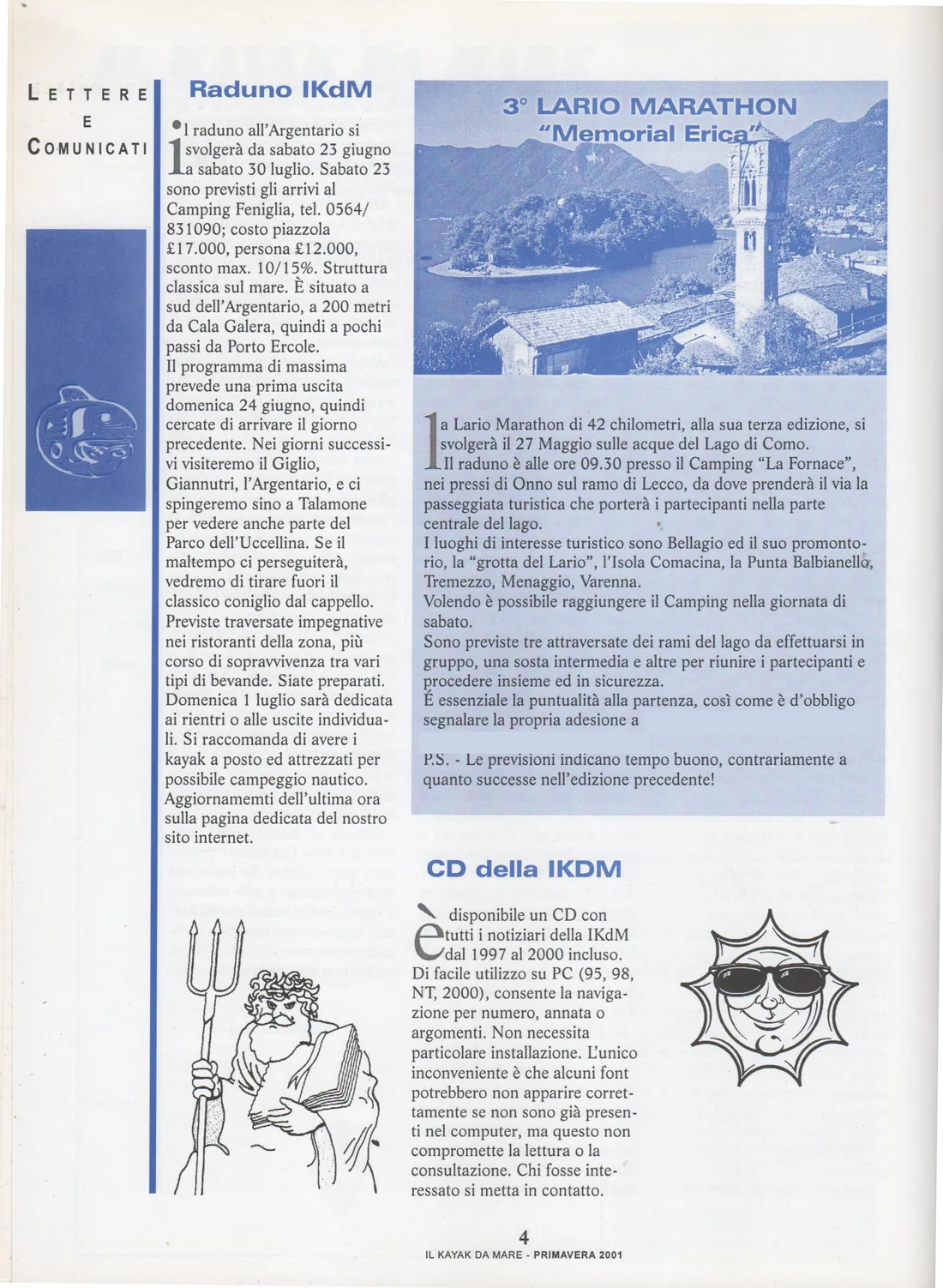 Pagina del bollettino Il Kayak da Mare della primavera 2001, con il raduno all’Argentario e la Lario Marathon, documento della storia del kayak da mare in Italia