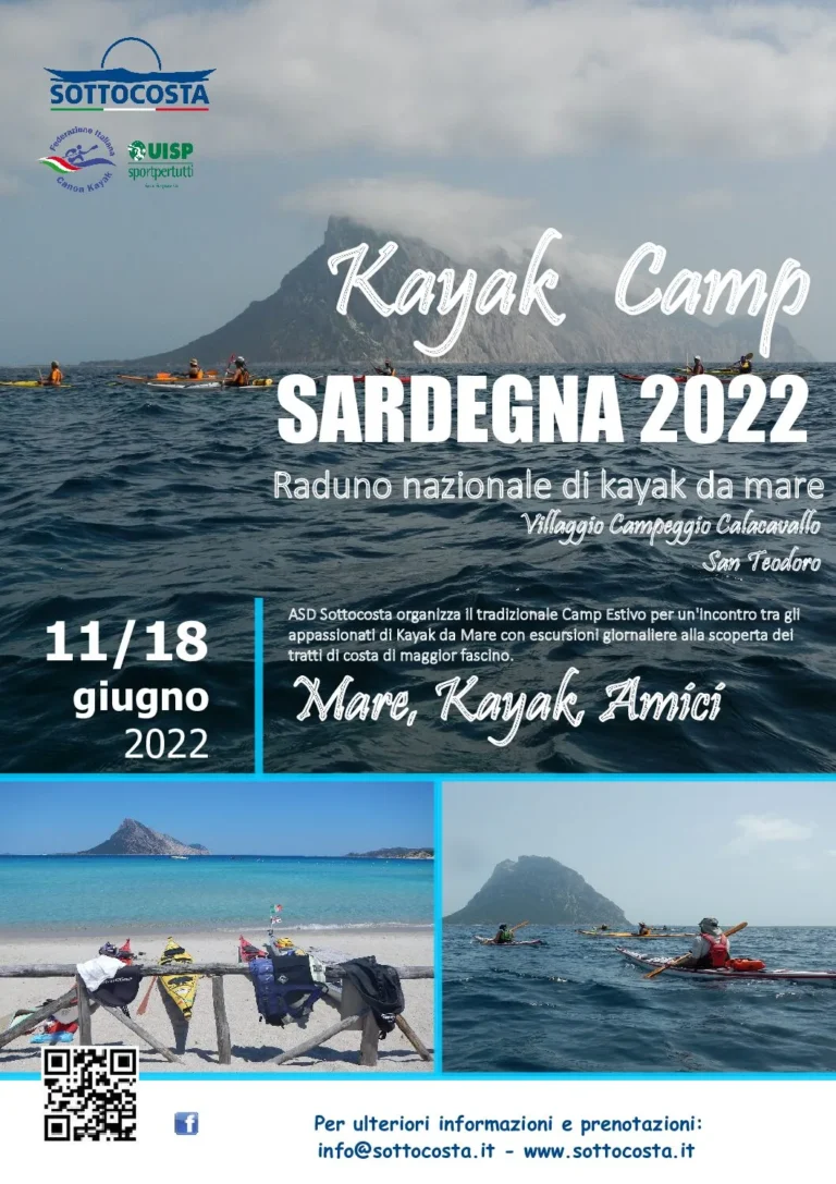 Racconti di navigazione Video del Sottocosta Camp 2022, Sardegna Calacavallo 11-18 Giugno: locandina del Kayak Camp Sardegna 2022