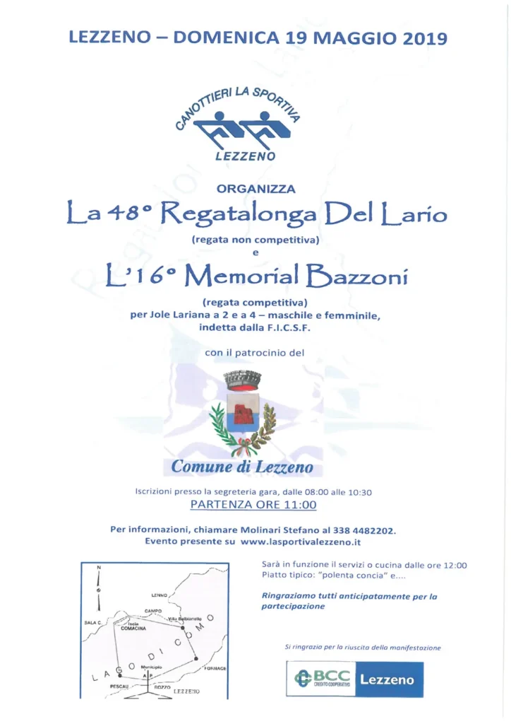 48a Regatalonga Del Lario, Lezzeno, Domenica 19 Maggio 2019: locandina dell’evento