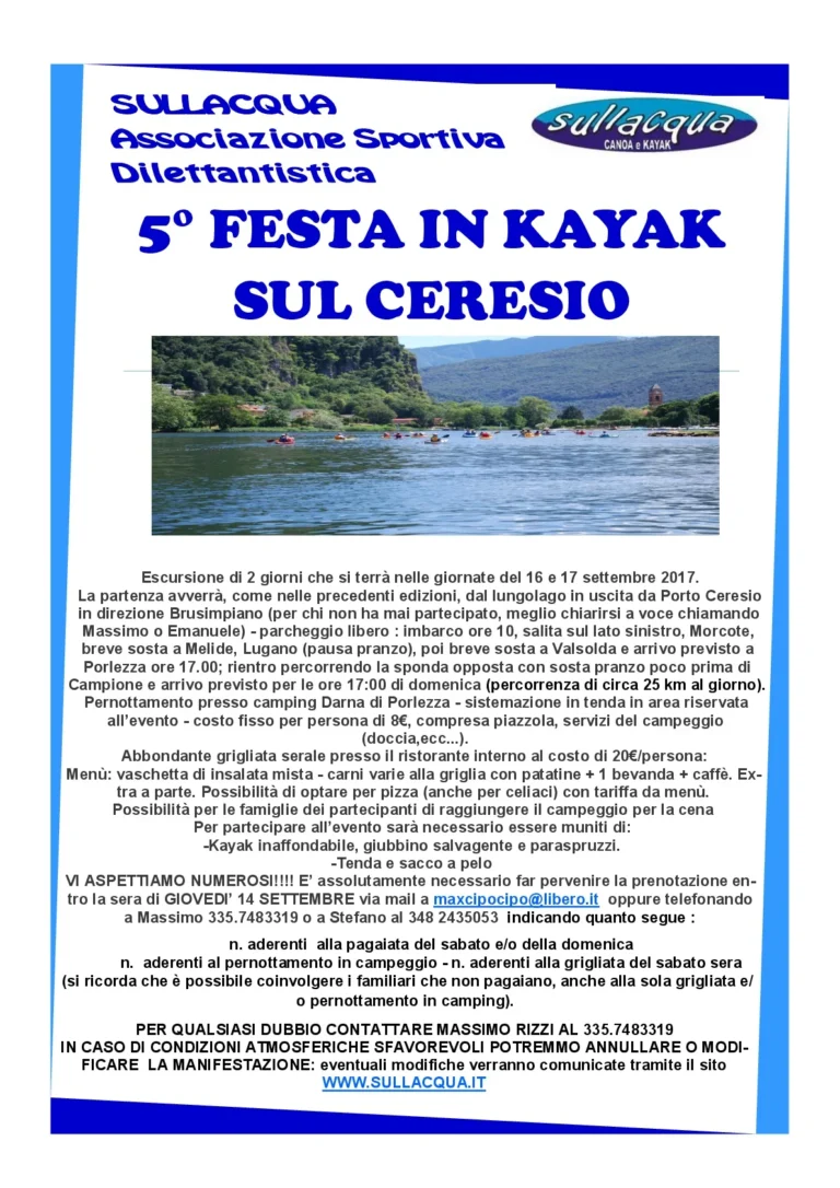 News 5^ festa in Kayak sul Ceresio: volantino della 5ª festa in kayak sul Ceresio
